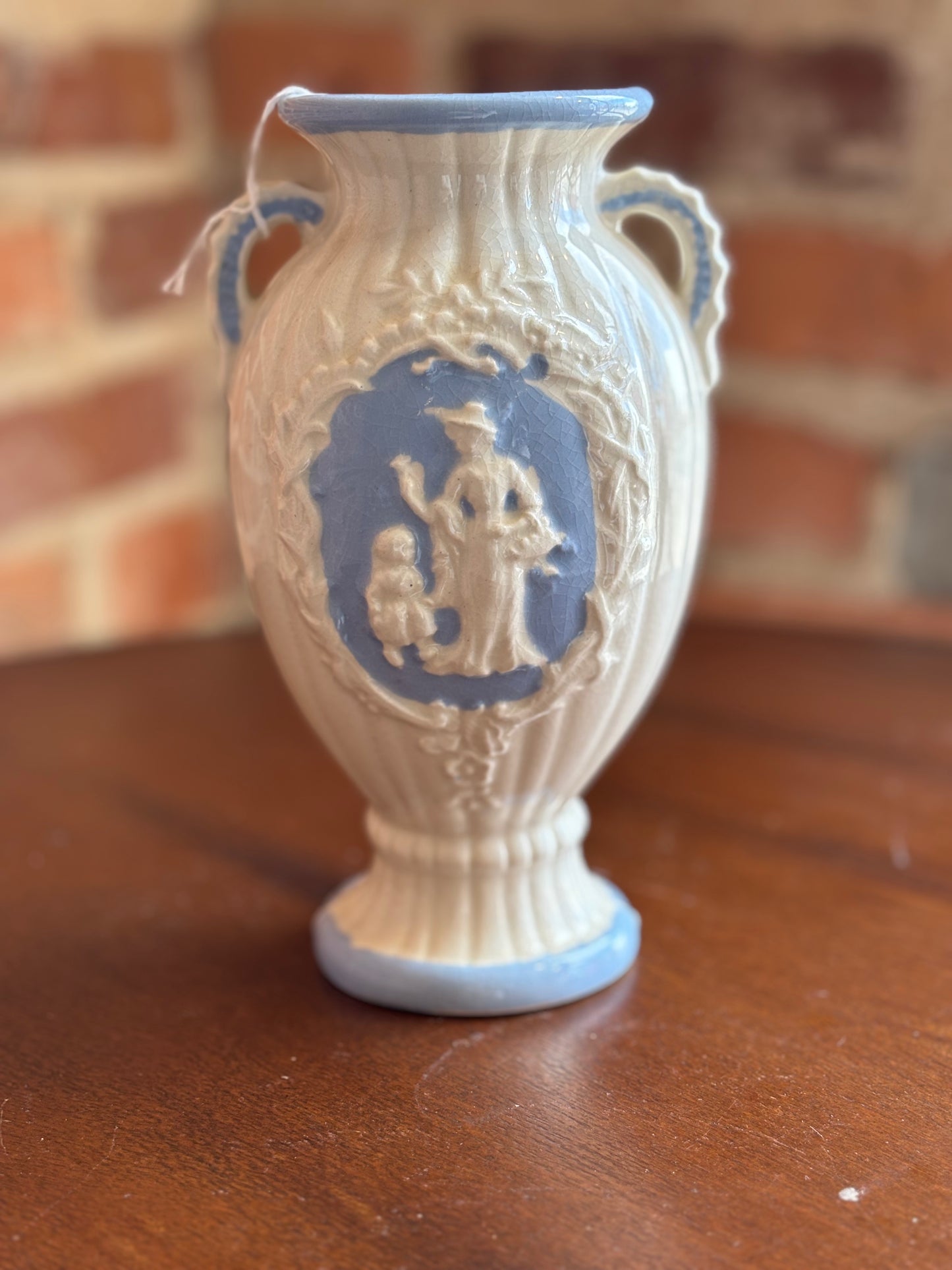 Raised Cameo Urn Blue/White Porcelain