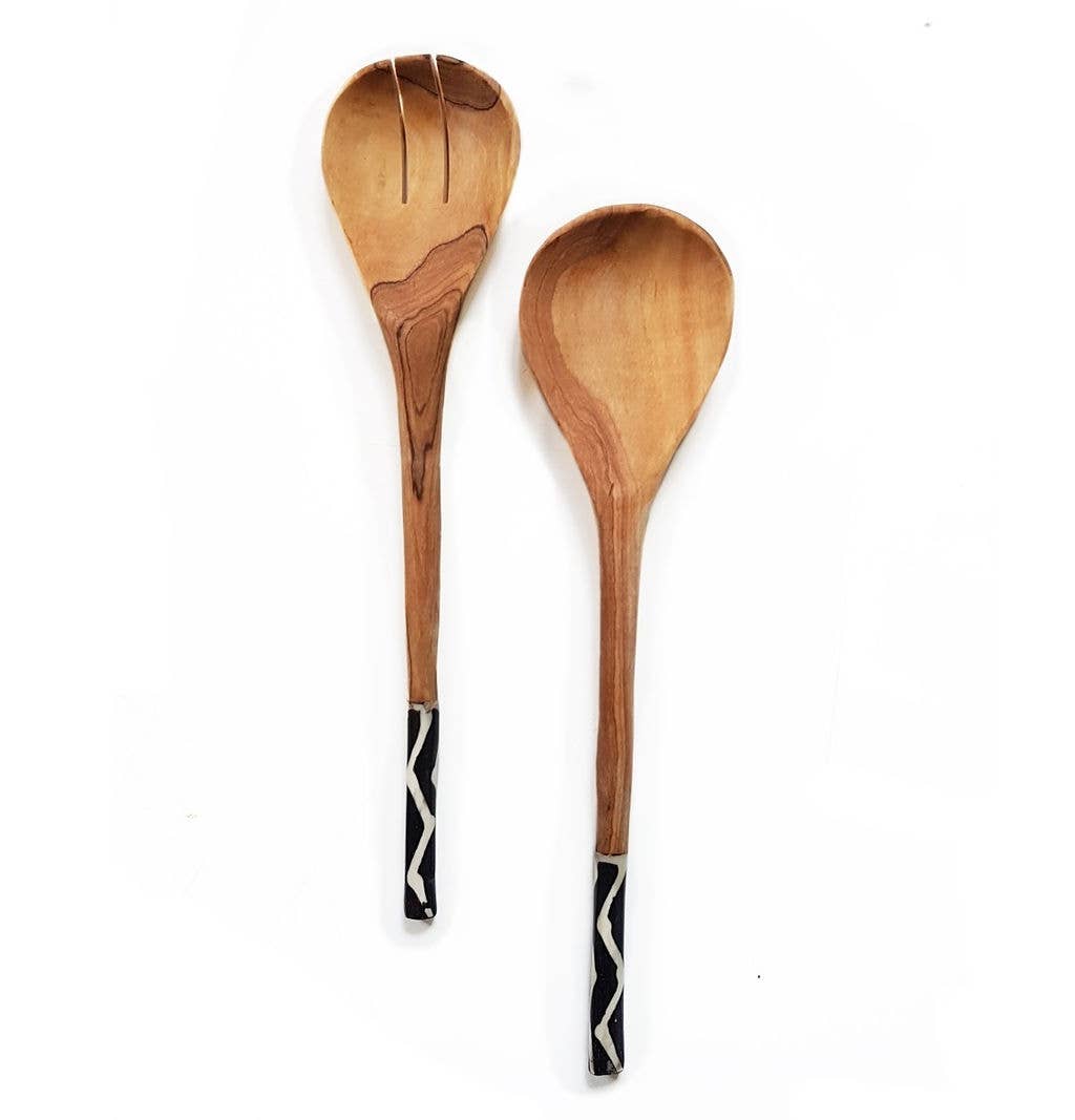 Wooden Serving Spoons, bone handle: White Batik