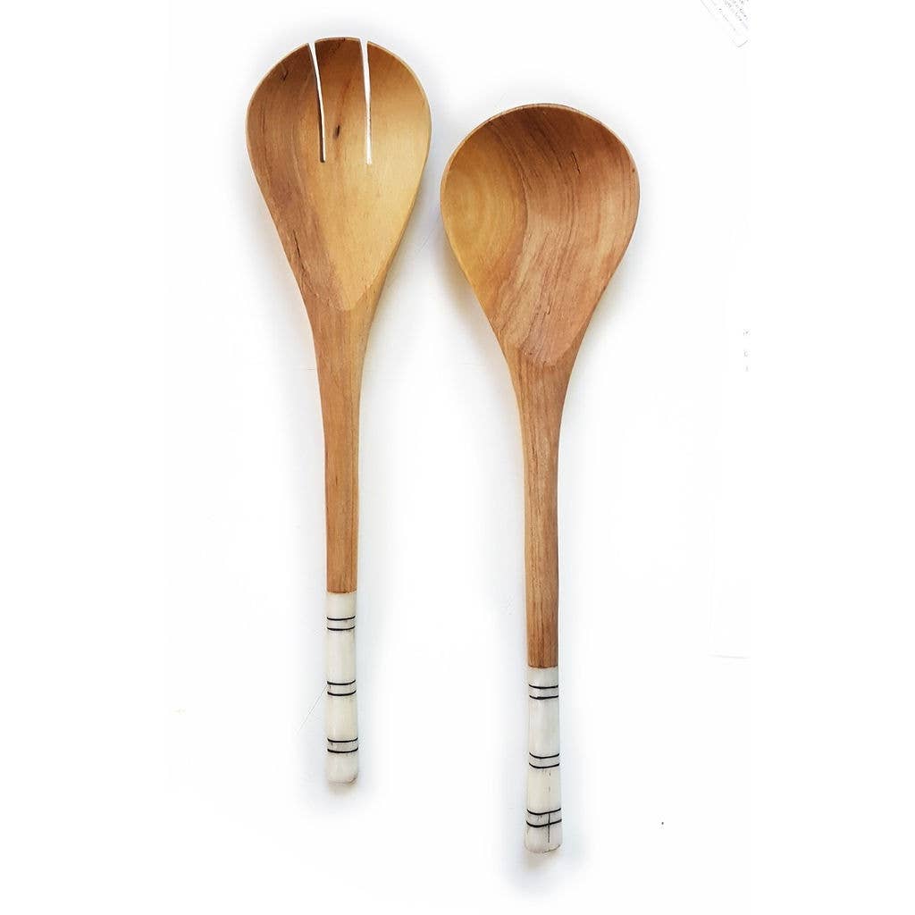 Wooden Serving Spoons, bone handle: Black Batik