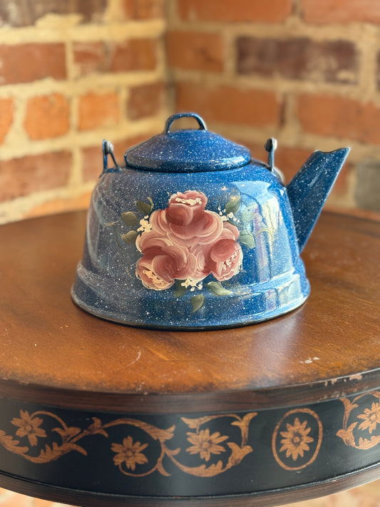 BLUE SPECKLED ENAMELWARE TEA KETTLE WITH FLORAL DESIGN