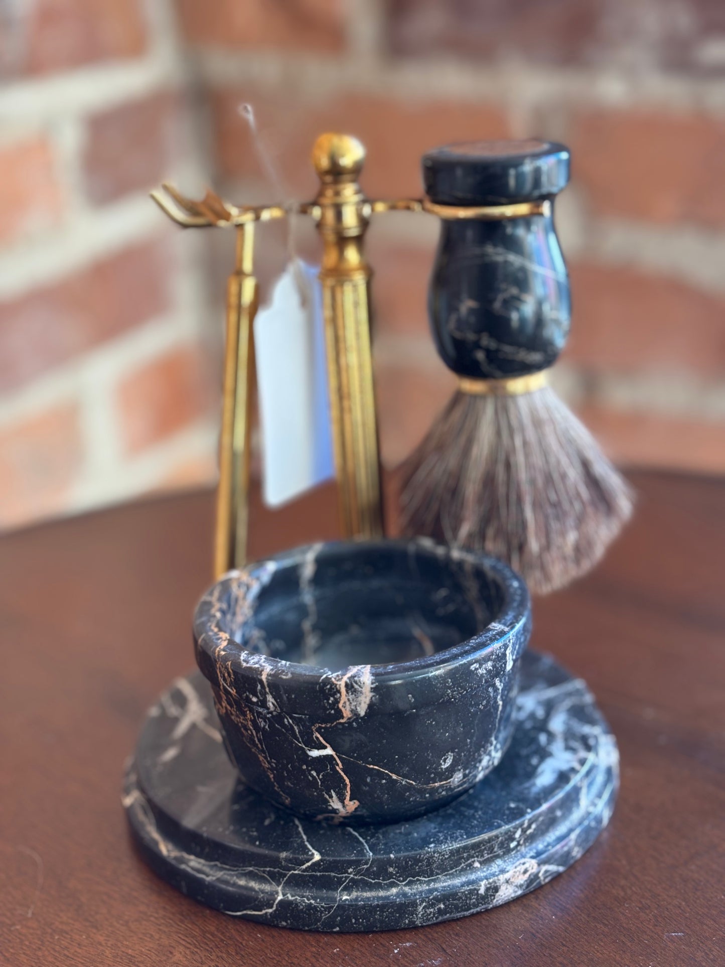 OLD BRASS AND BLACK MARBLE SHAVING SET (Italy)