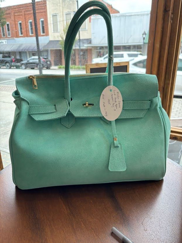 Italian Classic Lock Suede Aqua Satchel Bag-S