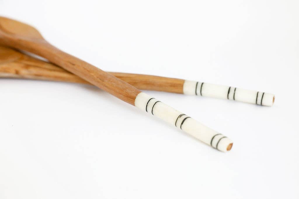 Wooden Serving Spoons, bone handle: White Batik