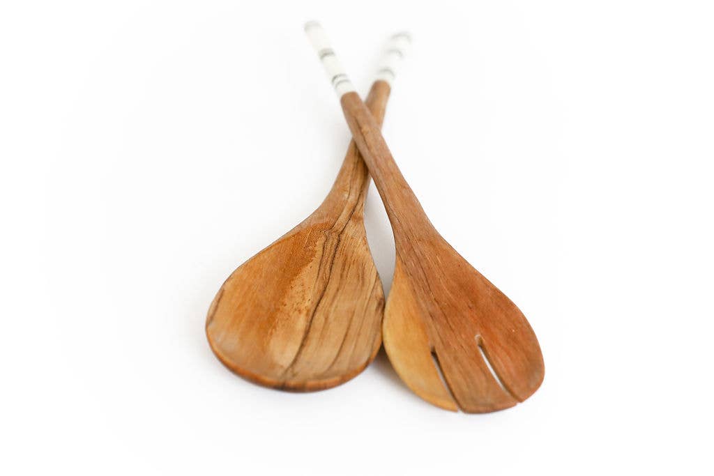 Wooden Serving Spoons, bone handle: White Batik